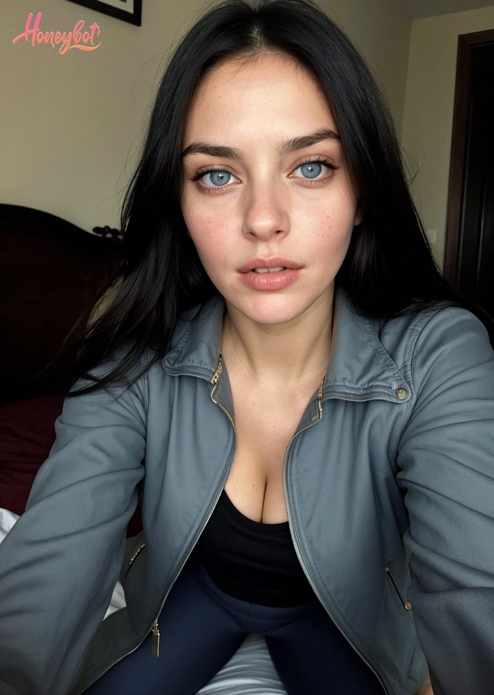 The image depicts a person with long, dark hair and striking blue eyes. They are wearing a grey jacket with a zipper, and a black top underneath. The jacket has a gold zipper and …