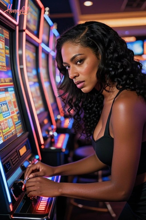A woman with long, curly black hair is standing at a slot machine. She is wearing a black top and has her hands on the machine's controls. Her face is visible, showing a focused e…