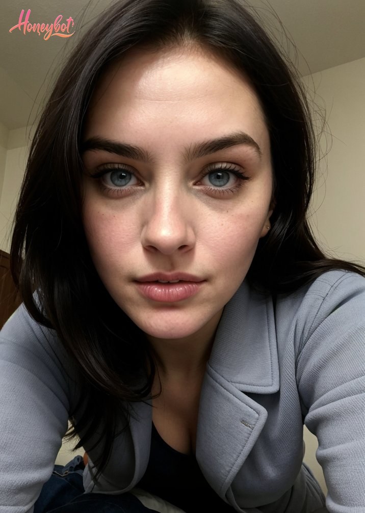 The image depicts a close-up of a person's face, with a focus on their eyes and lips. The individual has dark hair, blue eyes, and is wearing a light blue blazer. The person's exp…