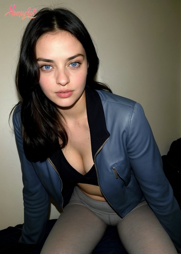 The image features a young woman with striking blue eyes and dark hair, seated against a plain backdrop. She is wearing a blue leather jacket with a zipper, revealing a black top …