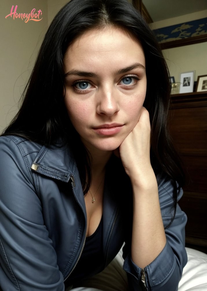 The image features a person with a neutral expression, leaning forward slightly with their chin resting on their hand. They are wearing a blue leather jacket with a zipper and a b…