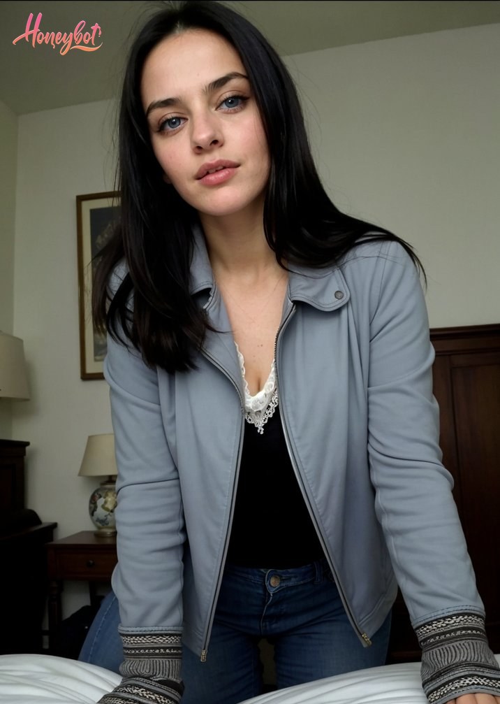 The image features a young woman with long, dark hair, leaning forward slightly with her hands resting on a white surface, possibly a bed or a table. She is wearing a light blue j…