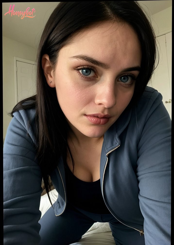 The image features a person with a neutral expression, leaning forward slightly, with their gaze directed towards the camera. They have dark hair and striking blue eyes that are a…