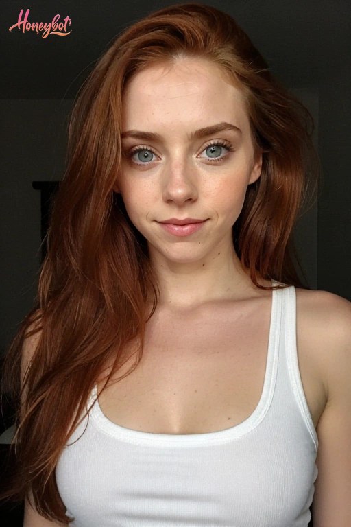 A young woman with long, wavy red hair and blue eyes is shown from the chest up. She is wearing a white tank top and has a neutral facial expression while looking directly at the …