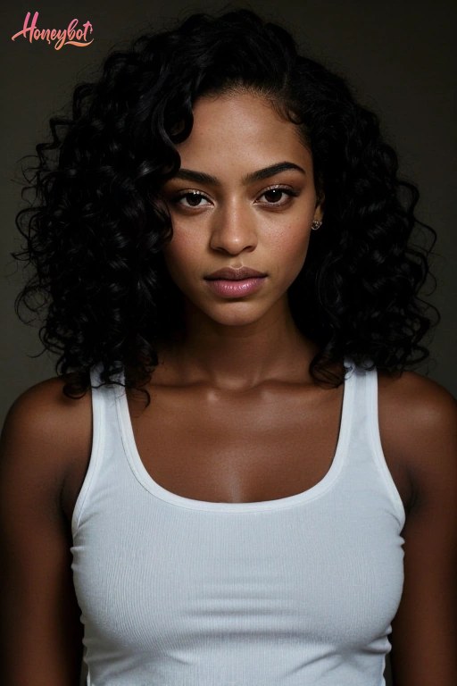A woman with curly black hair, wearing a white tank top, is shown from the chest up. She is looking directly at the camera with a neutral expression. Her face, neck, and shoulders…