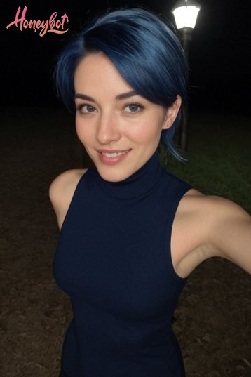 The image features a person with a striking blue hair color, standing outdoors at night. The individual is wearing a sleeveless, form-fitting, dark-colored turtleneck top, which c…