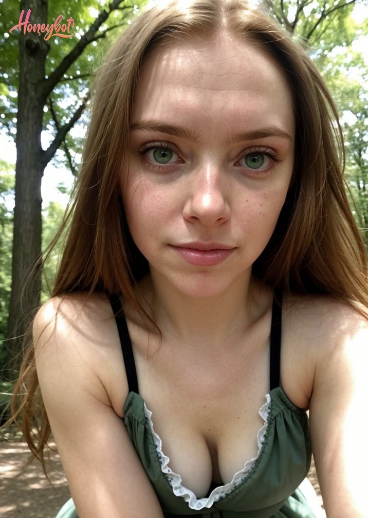 A young woman with long brown hair and green eyes is looking directly at the camera. She has a neutral facial expression. Her upper body is visible, showing her face, shoulders, a…
